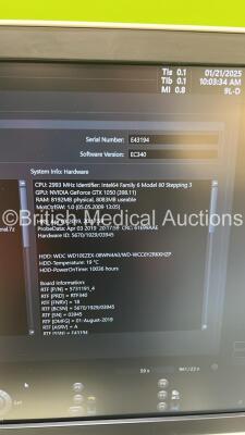 GE Voluson E8 Flat Screen Ultrasound Scanner Ref BT19 *S/N E43194* **Mfd 2019** Software Version EC340 (19.0.2.4001) with 5 x Transducers / Probes (9L-D Ref 5194432 *Mfd 2012* / 9L-D Ref 5194432 *Mfd 2019* / ML6-15-D Ref 5199103 *Mfd 2019* / C2-9-D Ref 54 - 18