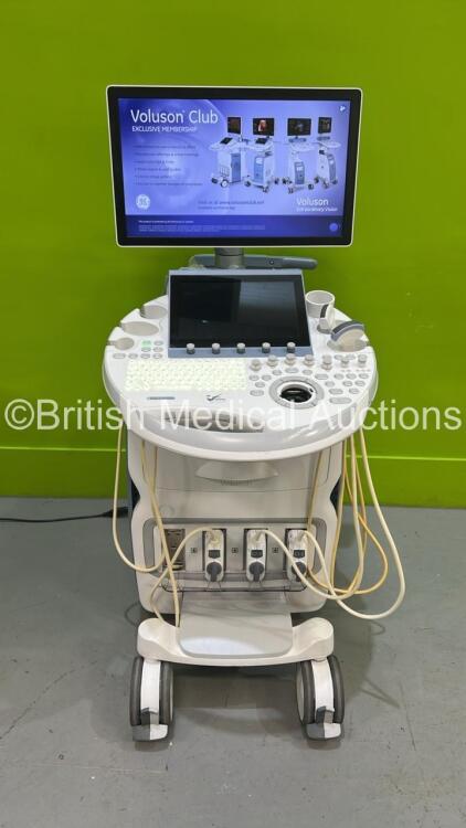 GE Voluson E8 Flat Screen Ultrasound Scanner Ref BT18 *S/N E39664* **Mfd 2018** Software Version EC330 (18.0.6.3450) with 3 x Transducers / Probes (IC5-9-D Red 5492351 *Mfd 2019* / C2-9-D Ref 5405253 *Mfd 2018* and C1-5-D Ref 5261135 *Mfd 2018*) and Sony