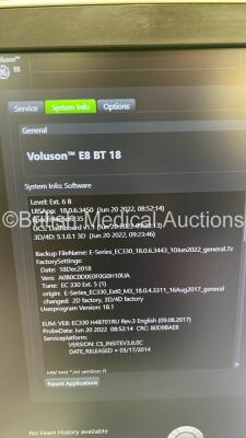 GE Voluson E8 Flat Screen Ultrasound Scanner Ref BT18 *S/N E39664* **Mfd 2018** Software Version EC330 (18.0.6.3450) with 3 x Transducers / Probes (IC5-9-D Red 5492351 *Mfd 2019* / C2-9-D Ref 5405253 *Mfd 2018* and C1-5-D Ref 5261135 *Mfd 2018*) and Sony - 16