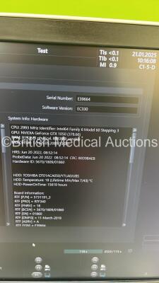 GE Voluson E8 Flat Screen Ultrasound Scanner Ref BT18 *S/N E39664* **Mfd 2018** Software Version EC330 (18.0.6.3450) with 3 x Transducers / Probes (IC5-9-D Red 5492351 *Mfd 2019* / C2-9-D Ref 5405253 *Mfd 2018* and C1-5-D Ref 5261135 *Mfd 2018*) and Sony - 17