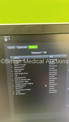 GE Voluson E8 Flat Screen Ultrasound Scanner Ref BT18 *S/N E39664* **Mfd 2018** Software Version EC330 (18.0.6.3450) with 3 x Transducers / Probes (IC5-9-D Red 5492351 *Mfd 2019* / C2-9-D Ref 5405253 *Mfd 2018* and C1-5-D Ref 5261135 *Mfd 2018*) and Sony - 18