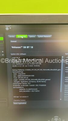 GE Voluson S8 Flat Screen Ultrasound Scanner Ref BT18 *S/N VS8804891* **Mfd 11/2020** Software Version SPC330 (18.0.6.400) with 2 x Transducers / Probes (RAB6-RS Ref H48691LP *Mfd 2018* and IC9-RS *Mfd 2019*) and Sony UP-D898 Digital Graphic Printer (Powe - 13