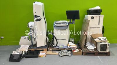 GE Senographe Essential Mammography System with Control Panel, Power Console, Compression Pads, Monitors, Trims, X-Ray Glass and Accessories *S/N 5711MC7** **Mfd 2013**