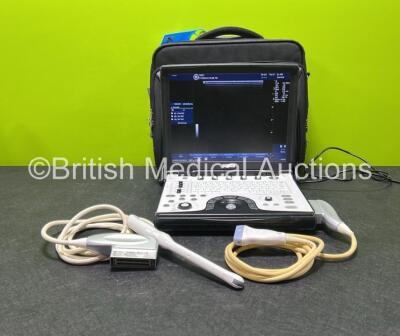 GE Logiq E Portable Ultrasound Scanner *Mfd - March 2013* Software Version - R7.0.1 SP4 with 2 x Transducers / Probes (1 x 9L-RS *Mfd - Aug 2011* and 1 x IC5-9W-RS *Mfd - 12/2020* - Probe Not Available on Machine), 1 x Li-Ion Rechargeable Smart Battery Pa