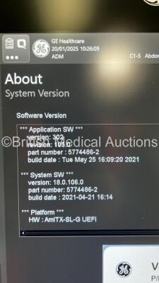 GE Venue Ultrasound Scanner Ref R2 *S/N VEB002329* **Mfd 01/2019** Application Software Version 302 Revision 105.0 System Software Version 18.0.106.0 with 2 x Transducers / Probes (C1-5-D Ref 5384874 *Mfd 2018* and L12n-RS Ref 5505759 *Mfd 01/2019*) (Powe - 21