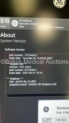 GE Venue Ultrasound Scanner Ref R2 *S/N VEB002329* **Mfd 01/2019** Application Software Version 302 Revision 105.0 System Software Version 18.0.106.0 with 2 x Transducers / Probes (C1-5-D Ref 5384874 *Mfd 2018* and L12n-RS Ref 5505759 *Mfd 01/2019*) (Powe - 22