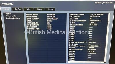 Toshiba Aplio 300 TUS-A300 Flat Screen Ultrasound Scanner *S/N WAB1522031* **Mfd 02/2015** Software Version AB_V5.10*R100 with 1 x Transducer / Probe (PLT-1204BT *Mfd 06/2015*) and Sony UP-D898MD Digital Graphic Printer (Powers Up) ***IR088*** - 9