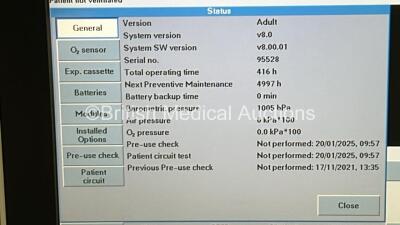 Maquet Servo i Ventilator on Stand Model No 06487800 - System Software Version v8.00.01 - Running Hours 416 *Mfd 2020* with Hoses (Powers Up) *SN 95528* - 2