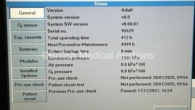 Maquet Servo i Ventilator on Stand Model No 06487800 - System Software Version v8.00.01 - Running Hours 412 *Mfd 2020* with Hoses (Powers Up) *SN 95529* - 2