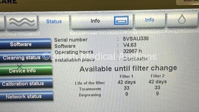 Fresenius Medical Care 5008S CorDiax Dialysis Machine Software Version 4.63 - Running Hours 32967 (Powers Up) - 3