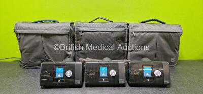 3 x ResMed Airsense 10 Elite CPAP Units with 1 x Hose and 3 x Power Supplies in Carry Bags (All Power Up)