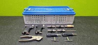 Job Lot Including 2 x deSoutter Medical MPZ-400 Multidrive Handpieces with 1 x SZ-400 Sagittal Saw, 2 x DZ-400 Keyed Drills, 2 x DZ-400 AO Drills, 2 x Jacobs Keys, 2 x Blade Wrenches, 1 x Wire Guard and 1 x Surgical Plier in Tray