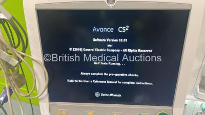 Datex-Ohmeda Avance CS2 Anaesthesia Machine Software Version 10.01 SP01 with GE Carescape B650 Monitor, GE 2016793-002 Module, GE E-sCAiOVE Gas Module with Spirometry, Various Leads, Bellows and Hoses (Powers Up) - 2