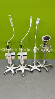 1 x Welch Allyn 53N00 Vital Signs Monitor on Stand (No Power), 1 x Welch Allyn GS300 Patient Examination Lamp on Stand (Powers Up with Good Bulb) and 2 x AccuVein HF580 Stands