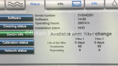 Fresenius 5008S Dialysis Machine Software Version V4.50 - Running Hours 28074 with Hose (Powers Up) - 3