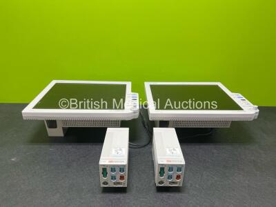 2 x Fukuda Denshi DSC-8500 Monitors with 2 x Fukuda Denshi HS-8312M Model HS-8000 Modules Including ECG, AUX, Multi BP/TEMP/CO, NIBP and SpO2 Options (1 x Powers Up, 1 x No Power)