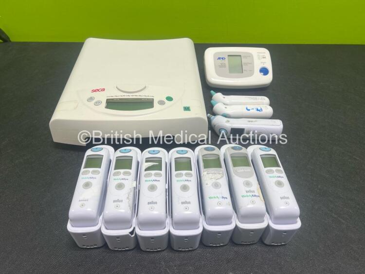 Mixed Lot Including 1 x AND Digital Blood Pressure Monitor UA-767, 1 x Seca Weighing Scale, 8 x B.Braun Welch Allyn Thermometers, 2 x Braun Thermoscan Units