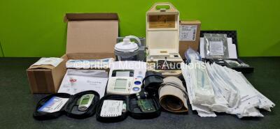 Mixed Lot Including 10 x V.A.C Y-Connectors, 10 x V.A.C Drapes, 10 x Seca Trace Q-Tab Electrodes, 1 x Xpress Stat Strip Blood Glucose Monitoring System, 1 x GlucoMen Lx Plus+ Blood Glucose Monitoring System, 1 x Omron M7 BP Monitor with Cuff, 1 x Blood Pr