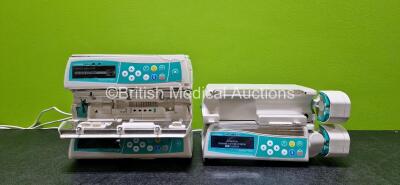 Job Lot Including 3 x B.Braun Infusomat Space Infusion Pumps (2 x Power Up with Stock Power Supply - Stock Power Supply Not Included, 1 x No Power, 2 x Missing Batteries, 1 x Damaged Casing - See Photo) and 2 x B.Braun Perfusor Space Syringe Pumps (1 x Po