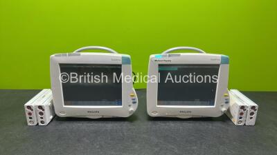 2 x Philips IntelliVue MP50 Patient Monitors (Both Power Up) with 2 x Philips M3001A Modules Opt A01C06 Including ECG, SpO2, NBP, Press and Temp Options, 2 x Philips M3012A Module Including Press, Temp, Press and Temp Options