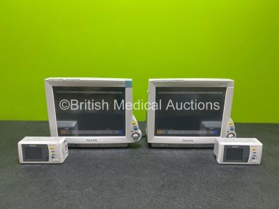 Job Lot Including 2 x Philips IntelliVue MP70 Patient Monitors (Powers Up, Both with Damage to Scrollers - See Photos) with 2 x Philips IntelliVue X2 Handheld Patient Monitors with 2 x Li-ion Batteries (No Power) Including ECG, SpO2, NBP, Press, Temp, ECG