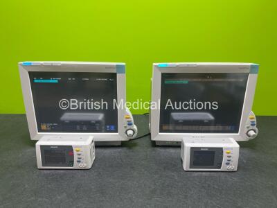 Job Lot Including 2 x Philips IntelliVue MP70 Patient Monitors (Powers Up, Both with Damage to Scrollers - See Photos) with 2 x Philips IntelliVue X2 Handheld Patient Monitors with 2 x Li-ion Batteries (No Power) Including ECG, SpO2, NBP, Press, Temp, ECG