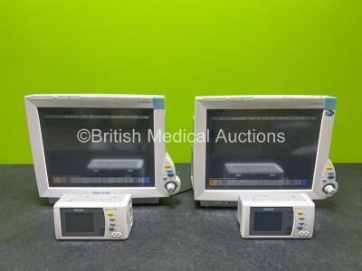 Job Lot Including 2 x Philips IntelliVue MP70 Patient Monitors (Powers Up) with 2 x Philips IntelliVue X2 Handheld Patient Monitors with 2 x Li-ion Batteries (No Power) Including ECG, SpO2, NBP, Press, Temp, ECG Temp Options (Both Power Up)