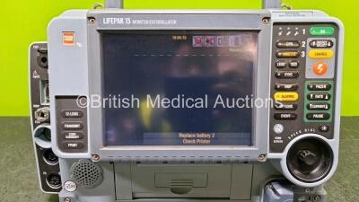 Medtronic Physio-Control 12-Lead Lifepak 15 Monitor / Defibrillator *Mfd 2012* Ref 99577-000674, P/N V15-2-001021 with Pacer, CO2, SPO2, NIBP, ECG, P1, P2, Printer and Auxiliary Power Options and 2 x Flat Li-Ion Batteries (Powers Up with Stock Battery - S - 3