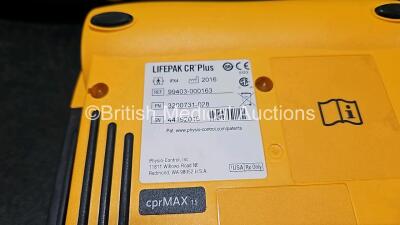 3 x Physio Control Lifepak CR Plus Defibrillators *Mfd - 2016 / 2016 / 2012* (All Power Up) with 1 x Li/S02C12 Battery - 5