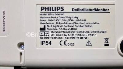 Philips Efficia DFM100 Defibrillator Release Rev 2.00 *Mfd 2021* (Powers Up) Including Pacer, ECG and Printer Options with 1 x Lithium Battery, 1 x Paddle Lead, 1 x 3 Lead ECG Lead and 1 x Power Cord - 11