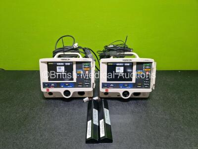 2 x Physio Control Lifepak 20e Defibrillators / Monitors (Both Power Up) Including Pacer, ECG and Printer Options with 2 x li-ion Batteries, 2 x 3 Lead ECG Leads and 2 x Paddle Leads