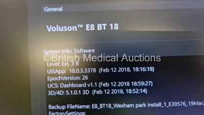 GE Voluson E8 Flat Screen Ultrasound Scanner Ref BT18 *S/N E39589* **Mfd 2018** Software Version EC330 (18.0.3.3378) with 1 x GE C1-5-D Transducer / Probe Ref 5261135 *Mfd 2021*and Sony UP-D898MD Digital Graphic Printer (Powers Up and Damaged Casing - See - 9