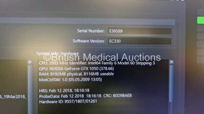 GE Voluson E8 Flat Screen Ultrasound Scanner Ref BT18 *S/N E39589* **Mfd 2018** Software Version EC330 (18.0.3.3378) with 1 x GE C1-5-D Transducer / Probe Ref 5261135 *Mfd 2021*and Sony UP-D898MD Digital Graphic Printer (Powers Up and Damaged Casing - See - 10