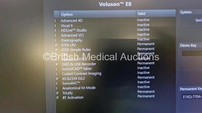 GE Voluson E8 Flat Screen Ultrasound Scanner Ref BT18 *S/N E39589* **Mfd 2018** Software Version EC330 (18.0.3.3378) with 1 x GE C1-5-D Transducer / Probe Ref 5261135 *Mfd 2021*and Sony UP-D898MD Digital Graphic Printer (Powers Up and Damaged Casing - See - 12