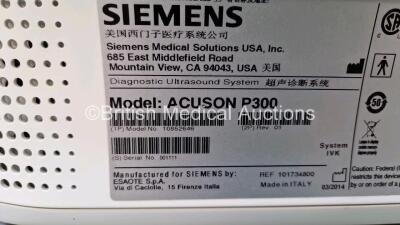 Siemens Acuson P300 Portable Ultrasound Scanner Model No 10852646 *S/N 001111* **Mfd 2014** System Software RES 1.01 STD 13.21 ODS 13.10 with 1 x Transducer / Probe (LA435) on Stand (Powers Up - HDD Removed) **IR248** - 15