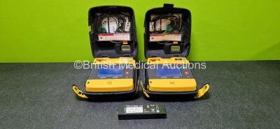 2 x Physio Control Lifepak 1000 Defibrillators (Both Power Up with Stock Battery - Stock Battery Not Included) with 2 x 3 Lead ECG Leads and 1 x Li/MnO2 Battery *Flat* in Carry Cases *SN 42196522 / 42196489*