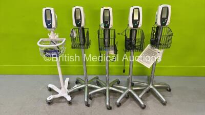 4 x Welch Allyn 420 Series Patient Monitors on Stands and 1 x Welch Allyn Spot Vital Signs Monitor on Stand with 3 x Power Supplies (All Power Up) *201203563 / 200602768 / na*