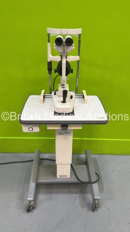 TopCon SL-4F Slit Lamp with Binoculars, 2 x 12,5x Eyepieces and Chin Rest on Hydraulic Table (Powers Up) *S/N 420105*