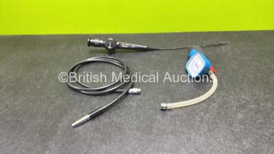 Karl Storz 11001 RP Pharyngoscope with Light Guide Tube and Leak Tester in Case - Engineer's Report : Optical System - Over 100 Broken Fibers and Fluid Stain Present, Angulation - Crush in Bending Section, Very Stiff, Insertion Tube - Bending Section Rubb - 2