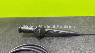 Karl Storz 11001 RP Pharyngoscope with Light Guide Tube and Leak Tester in Case - Engineer's Report : Optical System - Over 100 Broken Fibers and Fluid Stain Present, Angulation - Crush in Bending Section, Very Stiff, Insertion Tube - Bending Section Rubb - 3