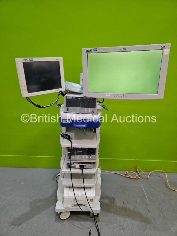 Storz Stack System on Trolley Including 1 x 222010 20 Image One Hub with Image HD 1 Ref H3-Z 22220055 Camera Head, 1 x 264305 20 Electronic Endoflator, 1 x Sony DR80MD Printer, 1 x 20090331 Monitor, 1 x SC-WU26-A1511 Monitor (All Power Up) and 1 x 201331