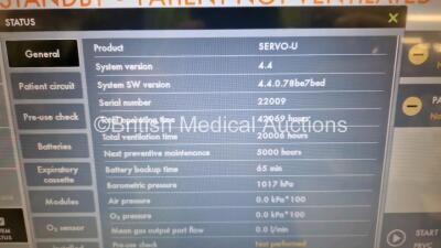 Maquet Servo U Ventilator on Stand Model No 6694800 - System Software Version 4.4.0.78be7bed - System Version 4.4 Running Hours 42069 with Hoses *Mfd 2016* (Powers Up) with 4 x Ref 6487180 NI-MH Battery Modules *SN 22009* - 3