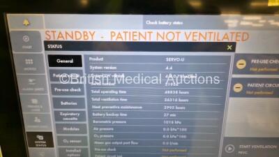 Maquet Servo U Ventilator on Stand Model No 6694800 - System Software Version 4.4.0.78be7bed - System Version 4.4 Running Hours 48838 with Hoses *Mfd 2016* (Powers Up) with 4 x Ref 6487180 NI-MH Battery Modules *SN 21956* - 2