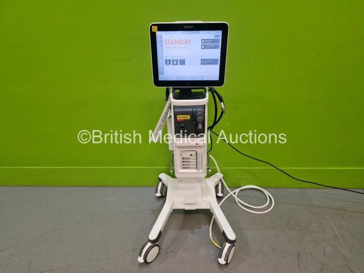 Maquet Servo U Ventilator on Stand Model No 6694800 - System Software Version 4.4.0.78be7bed - System Version 4.4 Running Hours 44776 with Hoses *Mfd 2016* (Powers Up) with 4 x Ref 6487180 NI-MH Battery Modules *SN 22020*