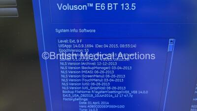 GE Voluson E6 Flat Screen Ultrasound Scanner BT 13.5 *S/N D64660* **Mfd 2016** Software Version EC250 (14.0.9.1694) with 2 x Transducers / Probes (C1-5-D Ref 5261135 *Mfd 2016* and C4-8-D Ref 5336340 *Mfd 2021*) and Sony UP-D898MD Digital Graphic Printer - 15