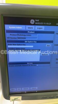 GE Vivid E9 Flat Screen Ultrasound Scanner Model 5205000-4 *S/N 98820US4* **Mfd 2010** Software Version R2.0.4 (Powers Up - Lower Screen Damaged / Missing Rear Lug - See Pictures - Clicking Noise When Turned On ) ***IR223*** - 15