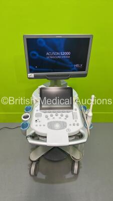 Siemens Acuson S2000 Flat Screen Ultrasound Scanner *S/N (21) 215073* **Mfd 2017** Software Version 500.1.114 with 2 x Transducers / Probes (9EVF4 *Mfd 2016* and 14L5 *Mfd 2017*) and Sony UP-D898MD Digital Graphic Printer (Powers Up - Cracks to Plastic Tr