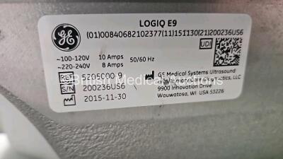 GE Logiq E9 XDClear Flat Screen Ultrasound Scanner Ref 5205000-9 *Mfd - 2015* Software Version R6 Software Revision 1.1 (Powers Up, Unable to Lock Keyboard, Keyboard Missing Button) with 3 x Transducers Including 1 x ML6-15, 1 x 9L-D, 1 x C1-6 (Not Able t - 12