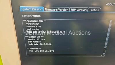 GE Vivid S70 Flat Screen Ultrasound Scanner Application Software 201 Revision 87.0 System Software 201.18.4 *Mfd - 2015* (Powers Up) with M5S-D Probe *Mfd - 2022* **SN C512850010* - 10