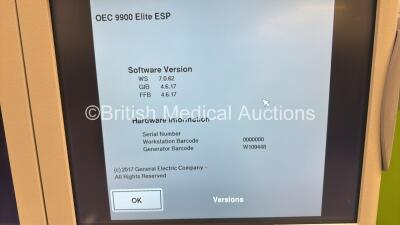 GE OEC 9900 Elite ESP 9" C-Arm *Mfd - Nov 2008* Software Version : WS - 7.0.62, GIB - 4.6.17, FFB - 4.6.17 with Dual Flat Screen Image Intensifier, Footswitch, Exposure Trigger and Key (Powers Up, Unable to Take Exposure Due to Errors - See Photos for Err - 6